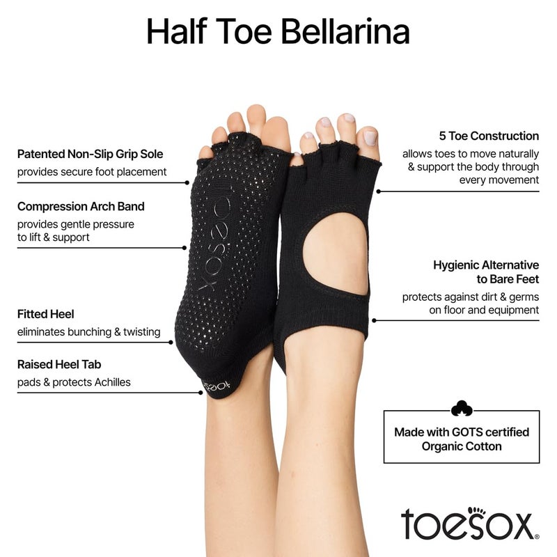 toesox Women's Bellarina Open Toe Socks with Grips, Non-Slip Half Toe Grip Socks, Yoga, Pilates, Barre, Dance - Image 3